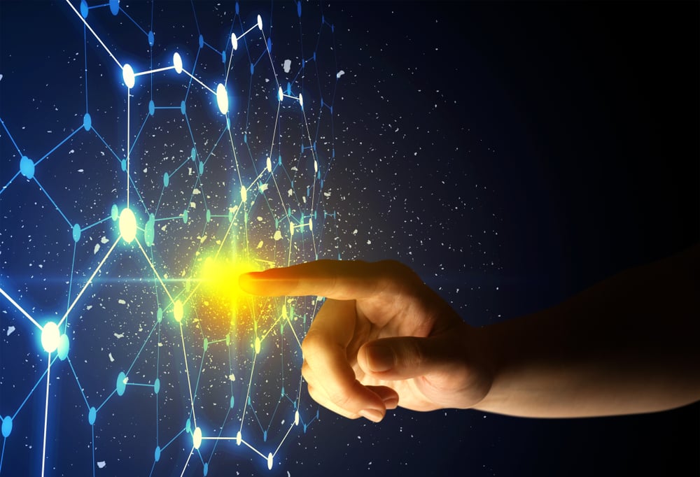 Female finger touching a beam of light surrounded by a connectivty concept-1